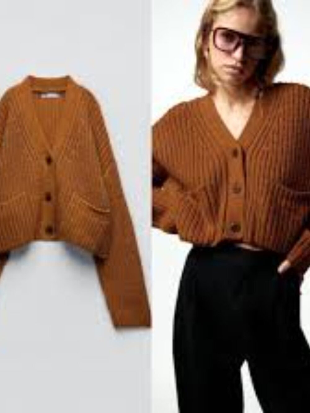 ZARA Chunky Cinnamon Brown Ribbed V-Neck Cardigan - EUC